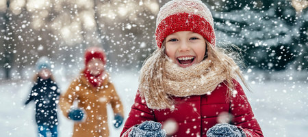 Winter Wonderland A Joyful Family Playing in the Snow, Children Laughing, and Smiling Togetherの素材