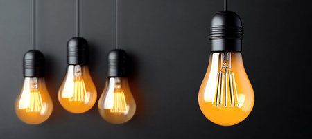 Minimalist Concept Featuring an Illuminated Lamp with Vintage Bulb Design on a Black Backgroundの素材