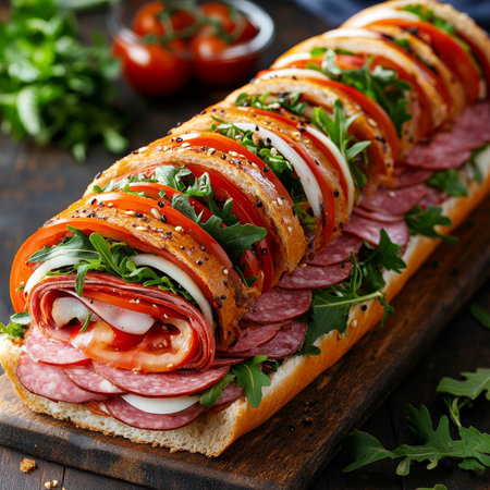 Mouthwatering Italian Submarine Sandwich Loaded with Fresh Vegetables, Meats, and Flavorful Herbsの素材