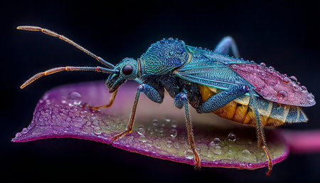 Macro View of Colorful Leaf-Footed Bug on Green Leaf, Tropical Insect in Nature Setting, Full Frameの素材