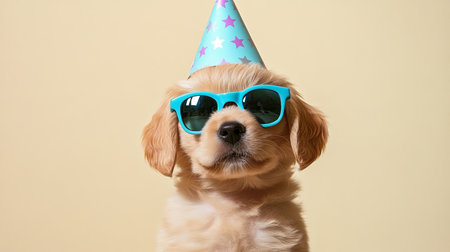 Joyful Golden Retriever Puppy Dressed in Festive Attire Celebrating a Whimsical Birthday Party Sceneの素材