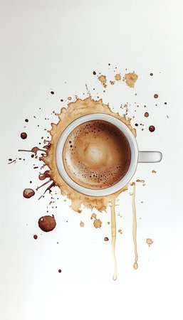 Overhead View of a Beautiful Cup of Coffee Creating an Artistic Stain on a White Surfaceの素材