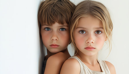 Heartwarming Studio Portrait of Young Siblings, Boy and Girl Bonding, Soft Focus and Clean Lookの素材