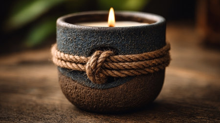 Handcrafted Soy Wax Candle in Rustic Stone Jar, Decorated with Brown Jute Rope for Cozy Ambianceの素材