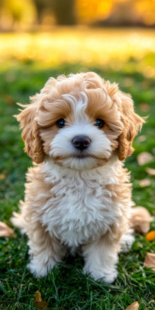 Adorable Cavapoo Puppy Sitting on Green Grass, Capturing Playful Innocence and Warm Smiles Outdoorsの素材