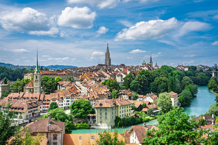 Scenic Bern, Switzerland Skyline Panorama with Aare River and Historical Architecture