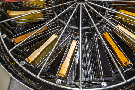 Honey Extractor Machine with Frames Full of Honeycomb Ready for Harvesting Process