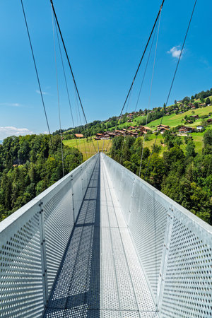 Spectacular Suspension Bridge View in Switzerland, Canton Bern. Thrilling Walkway Over the Valley.の写真素材