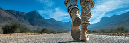Solitary Soldier Walking on an Empty Road in a Remote Location, Symbolizing Strength and Resolveの素材