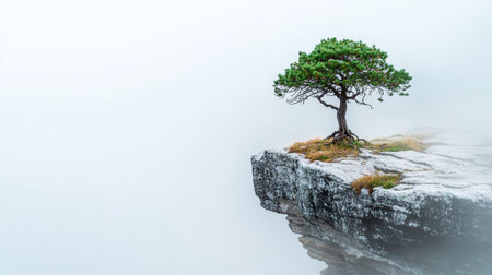Resilient Evergreen Tree on a Foggy Cliff Edge Overlooking a Misty Abyss and Cloudy Skiesの素材