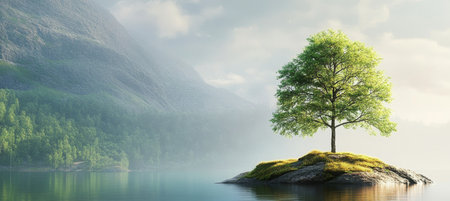 Serene Lakeside View with Majestic Mountains in Background and Solitary Tree Under Clear Blue Skyの素材