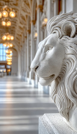 Majestic Close Up of a White Marble Lion Statue Surrounded by Elegant Beaux Arts Architectureの素材