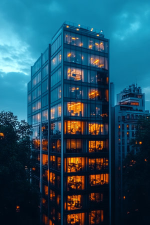 Sleek architectural marvel with ambient lighting at dusk in a vibrant metropolis skyline.の素材