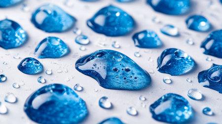 Close-Up of Crystal Clear Blue Water Droplets on a White Surface, Evoking Freshness and Calmnessの素材
