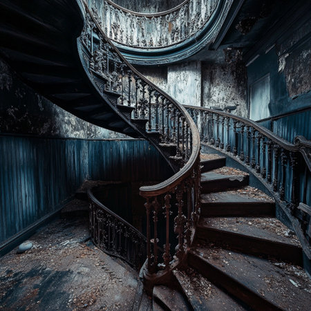 Eerie Elegance An Abandoned Staircase in Dim Light Evoking Past Glories and Forgotten Dreamsの素材