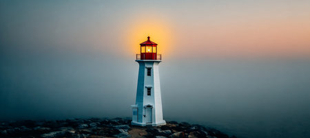 Majestic Lighthouse Standing Tall Against the Sunset, Guiding Ships Safely Through Foggy Watersの素材