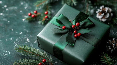 Elegant Christmas Gift Wrapped in Evergreen Paper with Satin Ribbon and Surrounded by Ornamentsの素材