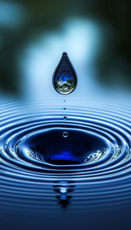 Water Drop Impact Creates Symmetrical Ripples and Waves on Surface, Captivating Reflection Art.の素材