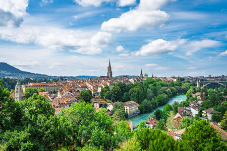 Bern, Switzerland A Picturesque Panorama of the Old City and Aare River on a Sunny Day