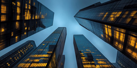 Dynamic Night View of Glass Skyscrapers Reaching for a Calm Dark Background as City Lights Dimの素材