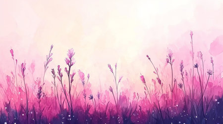 Delicate Floral Watercolor Painting Featuring Pink Blossoms Emerging from a Soft Textured Fieldの素材
