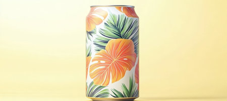 Tropical Refreshing Beverage in Decorative Can Surrounded by Lush Green Leaves on Yellow Backgroundの素材