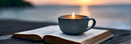Brightly Lit Ceramic Mug Candle on Open Book Against Warm Beach Scenery and Wooden Table Surfaceの素材