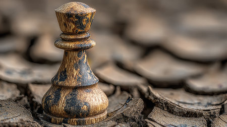 Monochrome Wooden Chess Pawn on Dry, Cracked Ground Symbolizing Strategy and Isolation in Thinkingの素材