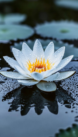 Stunning Close Up of a White Lotus Flower with Dew Drops Sparkling in Morning Light on Calm Waterの素材