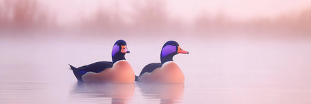 Serene Morning Scene of a Majestic Duck Couple Gracefully Floating on a Misty Pond at Sunriseの素材