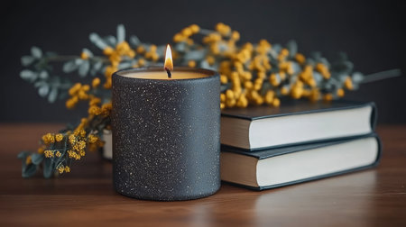 Cozy and Inviting Ambient Reading Nook with Candlelight, Books, and Mimosas for Relaxationの素材