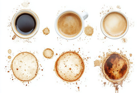 Coffee Stain Ring Collection, Isolated on White With Various Beverage Residues of Brewed Drinksの素材