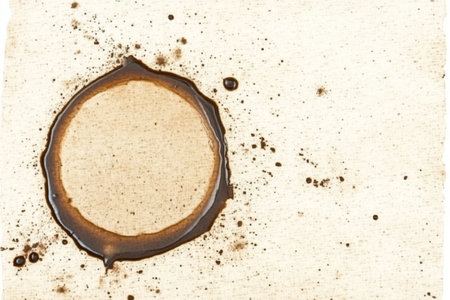 Close Up of Brown Coffee Stain on Vintage Ivory Parchment Paper with Textured Background for Designの素材