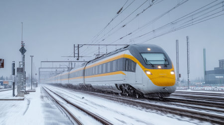 Express train gliding through a picturesque snow-covered countryside during winter season scenery.の素材