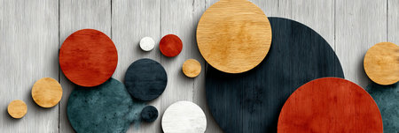 Vibrant Geometric Circle Art on a Rustic Wooden Background for a Modern Artistic Touch.の素材