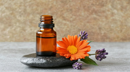 Amber Essential Oil on Natural Stone with Dried Calendula and Lavender Flowers for Relaxationの素材