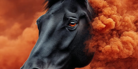 Majestic Black Stallion Portrait Against an Orange Cloudy Sky, Whimsical Fantasy Art Designの素材