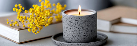Elegant Grey Speckled Candle on Ceramic Tray Beside Soft Cover Book and Bright Yellow Flowersの素材