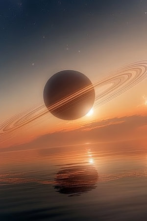 Stunning Saturn Rising Ethereal Rings Gleaming Over Tranquil Waters at Dawn, A Dreamlike Sceneの素材
