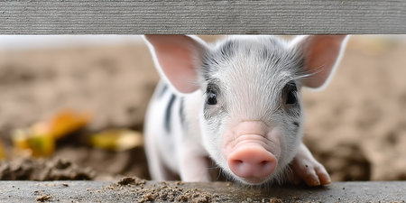 Curious young piglet peeks through wooden fence, showcasing its playful personality and bright eyes.の素材