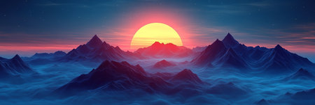 A Serene and Majestic Landscape Painting with Sun, Mountains, and Dreamlike Fog at Sunriseの素材