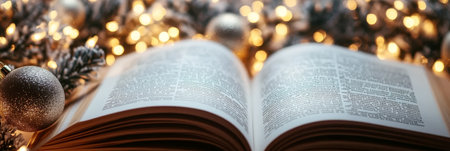 Cozy Indoor Reading Scene with Open Book, Christmas Lights, and Warm Ambiance for the Holidaysの素材