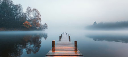 Tranquil Wooden Pier Stretching into a Misty Lake at Dusk, Inviting Peaceful Reflection and Solitudeの素材