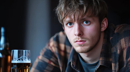 Despondent man in a dimly lit bar, grappling with depression and alcoholism, staring into his drinkの素材