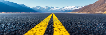 Desert Highway with Double Yellow Lines Leading to Mountains Under Clear Blue Skies, No Travelersの素材