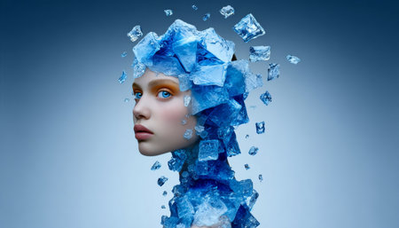 Stunning Portrait of a Young Woman Dressed in Ice-Inspired Fashion, Surreal Beauty and Creativityの素材