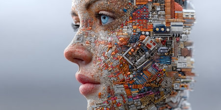 Visionary Female Portrait Stunning Fusion of Data Circuitry and Elegant Biological Precisionの素材