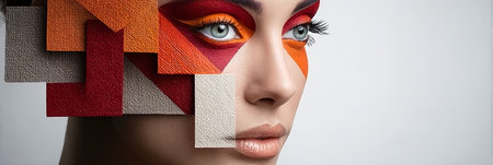 Geometric Woman Abstract Portrait with Colorful Makeup and Decorative Textiles in Vibrant Tonesの素材