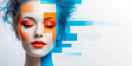 Stunning Geometric Red and Orange Color Portrait of a Beautiful Woman with Artistic Makeup Designの素材