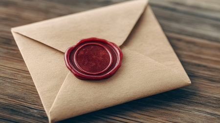 Classic Correspondence Vintage Envelope Sealed with Scarlet Wax on Rustic Wooden Table Surfaceの素材